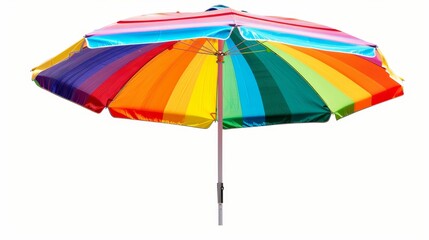 A vibrant rainbow umbrella perfect for beach days, picnics, or outdoor events. It offers shade from the sun and adds a touch of color to any setting.