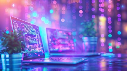 A vibrant, modern workspace featuring laptops illuminated by colorful lights, creating a futuristic atmosphere.