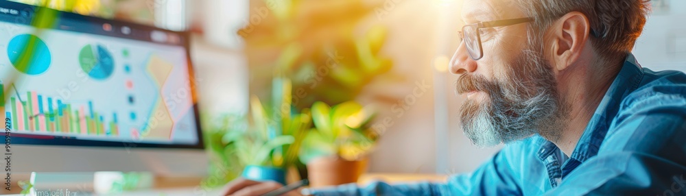 Poster focused professional analyzing data on computer screen in modern workspace with plants, showcasing p