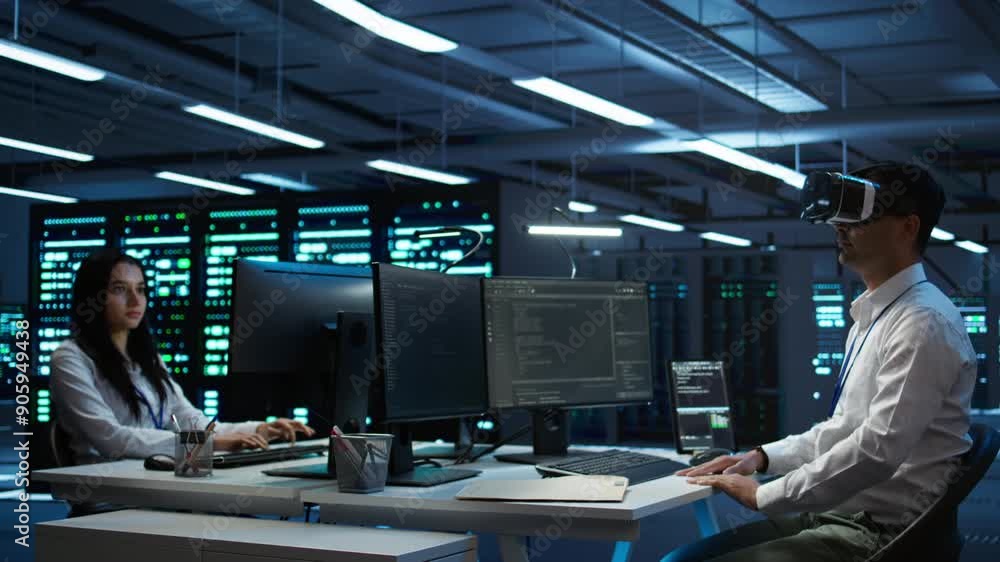 Aufkleber data center admin responsible for installation of networking systems wearing high tech vr headset. i