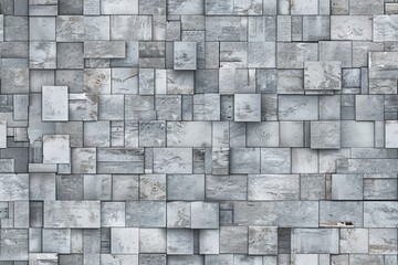 An abstract design of a wall made of a mosaic of small gray concrete tiles, creates a unique and textured surface.