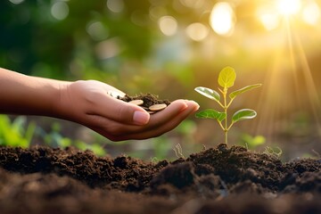 Fototapeta premium Hand Planting a Seedling with Coins