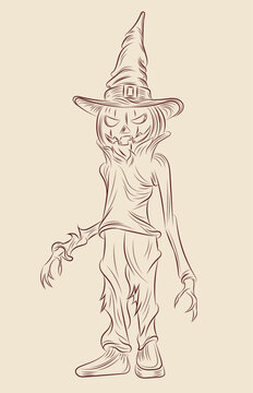 recommend clip art: Illustration of a pumpkin scarecrow with a witch hat