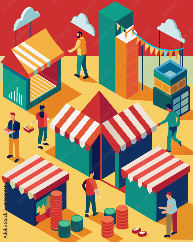 Poster a visualization of a market with some stalls closed down and others struggling to attract customers 