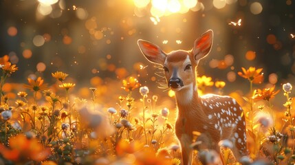A young deer standing in a sunlit meadow filled with wildflowers, creating a serene and enchanting scene in nature.