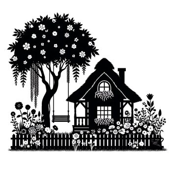 black cottage garden scene with tree swing
