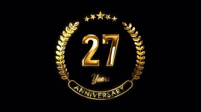 27th Anniversary Celebration. Happy 27 Years Anniversary Animation in Gold Color on the Transparent Background, Alpha Channel. Great for greetings, celebrations, events, and gifts.
