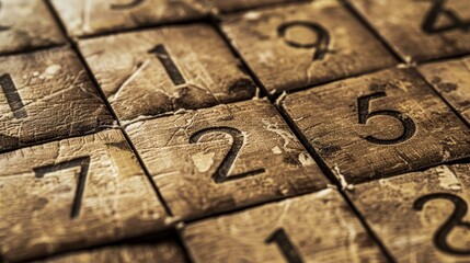 Close-up of aged wooden tiles with numbers, symbolizing time, history, learning, play, and order.
