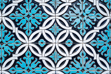 tile mosaic with oriental Arabic Islamic Uzbek pattern decorated with blue and white floral ornament