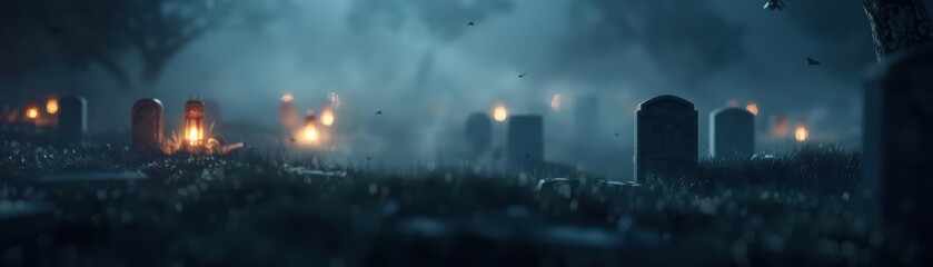 A foggy forest with lanterns and trees in the distance.  Atmospheric and spooky.