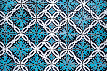 ceramic tile mosaic with traditional oriental Arabic Islamic Uzbek pattern decorated with blue and...