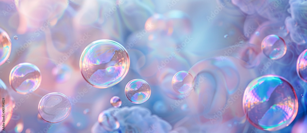 Poster dreamy pastel bubbles in soft light - a mesmerizing image of iridescent bubbles floating in a dreamy