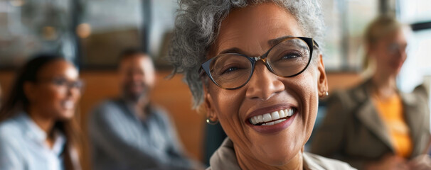 Obraz premium Happy Senior Woman Smiling with Glasses at Meeting - A senior woman with gray hair and glasses smiles brightly at the camera during a meeting. The image conveys happiness, confidence, and wisdom.