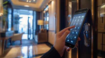 Closeup of a woman's finger entering password code on the smart phone and digital touch screen keypad entry door lock in front of a hotel room or apartment, Modern security.