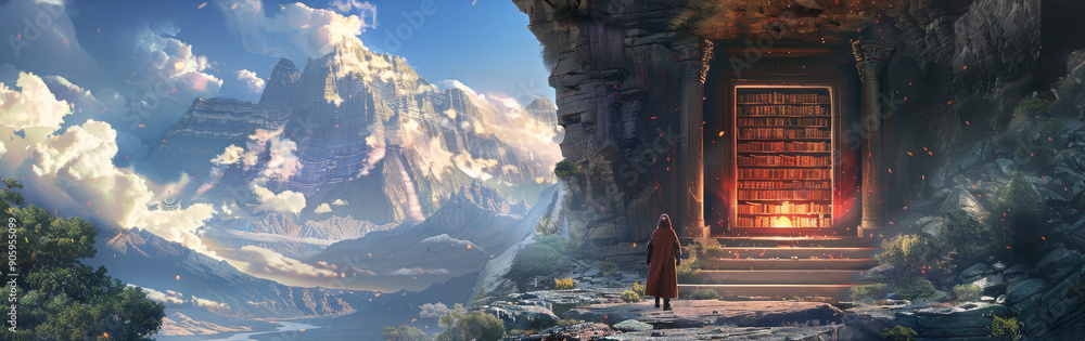 Poster mysterious doorway to a hidden world - a lone figure stands before a massive stone door, a gateway t