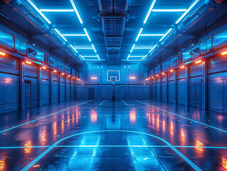 Fototapeta premium a futuristic spacecraft basketball court room with blue lighting and a curved ceiling.