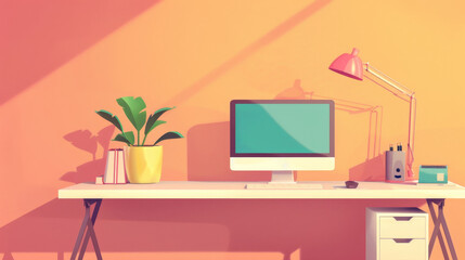 Minimalist Home Office Workspace with Desk, Computer, and Plant - A simple and stylish home office workspace with a white desk, computer, lamp, and a potted plant. It symbolizes productivity, organiza