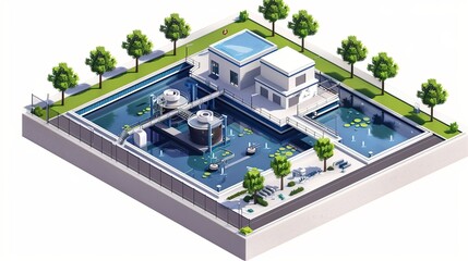 Isometric modern water cleaning facility at an urban wastewater treatment plant. The purification process of removing undesirable chemicals, suspended solids, and gases from contaminated liquid.