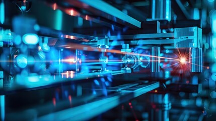Close-up of a Complex Industrial Machine with a Red Laser Beam