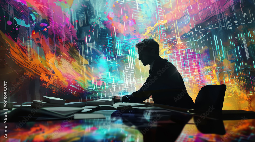 Poster silhouette of a man working in a colorful digital world - a man is working at a desk in a digital wo