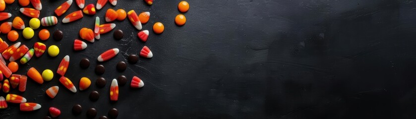Scattered candy corn on black background.
