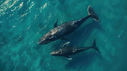 Fototapeta premium Top view of humpback whale and calf in the ocean on the surface of the ocean in Australia, New South Wales. aerial view. copy space for text.