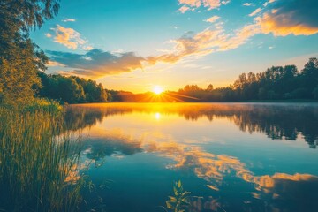 Fototapeta premium sunset at coast of the lake. Nature landscape. Nature in northern Europe. reflection, blue sky and yellow sunlight. landscape during sunset, ai