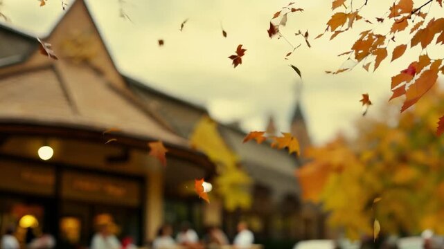 People enjoy a meal at a cafe in a European city. Golden leaves fall from the trees, creating a beautiful autumn scene.