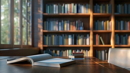 Workplace with a not book on the desk, and bookshelf in the library Background. Image of education concept. copy space for text.