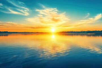 sunset at coast of the lake. Nature landscape. Nature in northern Europe. reflection, blue sky and yellow sunlight. landscape during sunset, ai