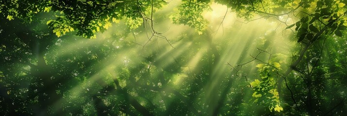 Obraz premium Sunlight breaks through the dense foliage of a green forest, illuminating the air with ethereal rays. The image evokes concepts of tranquility, peace, and nature's beauty.