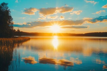 Obraz premium sunset at coast of the lake. Nature landscape. Nature in northern Europe. reflection, blue sky and yellow sunlight. landscape during sunset, ai