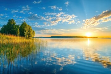 Fototapeta premium sunset at coast of the lake. Nature landscape. Nature in northern Europe. reflection, blue sky and yellow sunlight. landscape during sunset, ai
