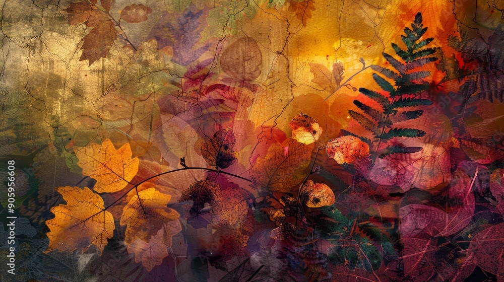 Poster This abstract artwork features a captivating blend of fall foliage, showcasing a variety of colors and textures.  The composition creates a sense of depth and movement, inviting the viewer to explore 