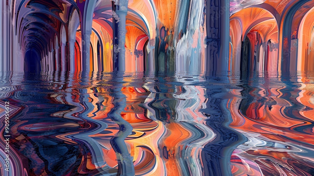 Poster this abstract image depicts a flooded hallway with colorful columns and arches, creating a surreal a