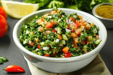 A bowl of fresh tabbouleh salad with chopped tomatoes, cucumbers, and parsley