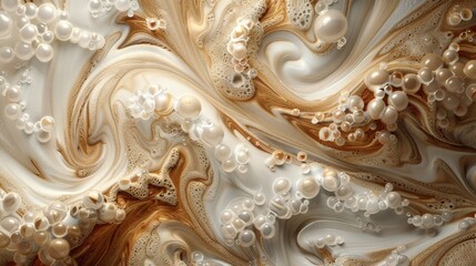 This abstract image showcases a swirling pattern of white and brown colors, resembling liquid marble or a coffee mix. The white orbs represent bubbles, air pockets, or pearls, adding a textural elemen