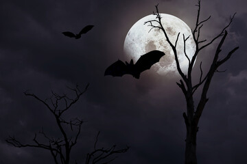 Spooky halloween background with silhouette dead tree at night full moon