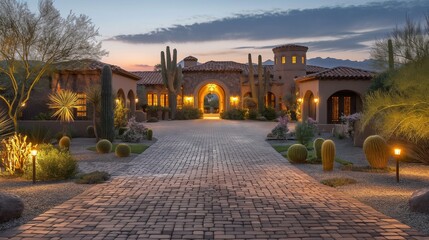 The driveway of an elegant home in the desert, with lights on and large landscaping around it It has arched doorways leading to its wide cobblestone driveway