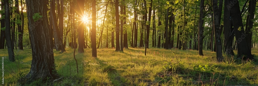 Aufkleber this image showcases a serene forest setting with sunlight piercing through the tree canopy. the sce