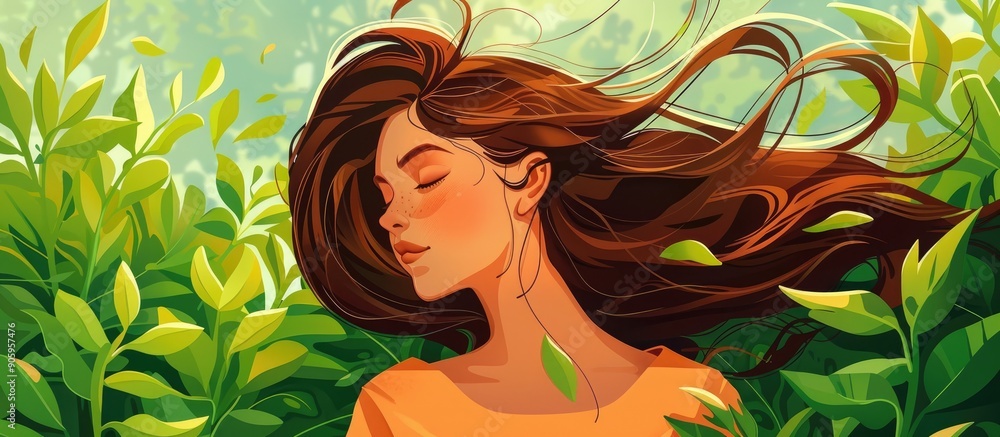 Wall mural Young beautiful girl with hair that wind is blowing against green summer garden