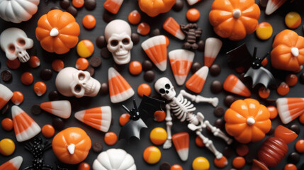 Halloween candy, skulls, pumpkins, and bats on black background.