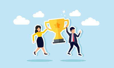 Team success partnership and teamwork to win business competition, achieve goals, and cooperate effectively, concept of A businessman and businesswoman partner celebrate their victory with a trophy