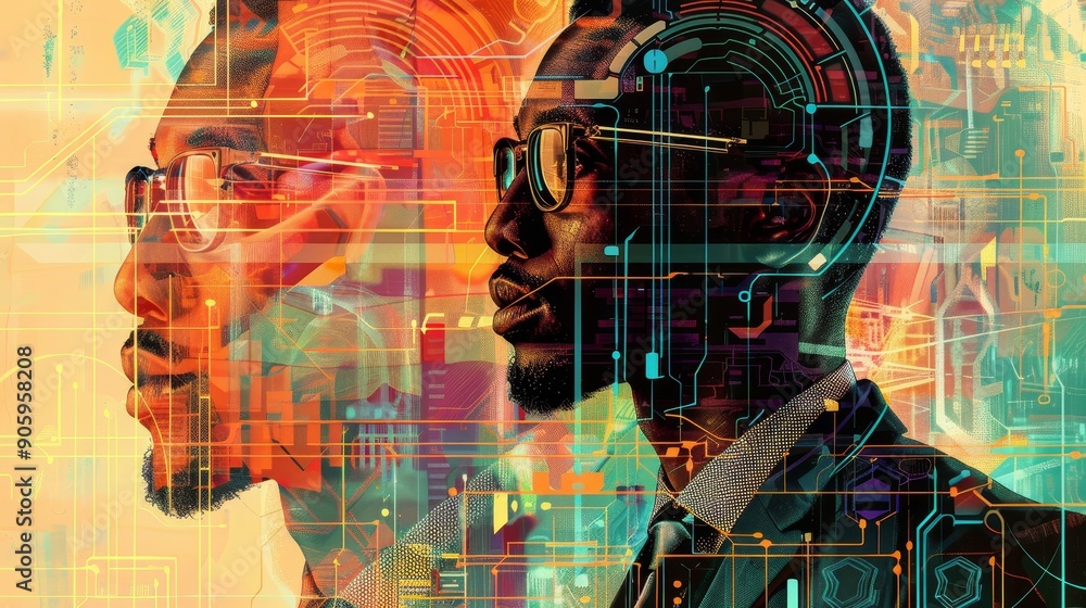 Poster two men's faces, one with a digital overlay symbolizing technology integration, represent the partne