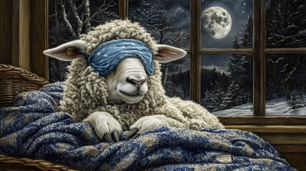 Obraz premium A cozy sheep in a bed with a sleep mask, under a moonlit night sky seen through a window. Perfect image for relaxation themes.