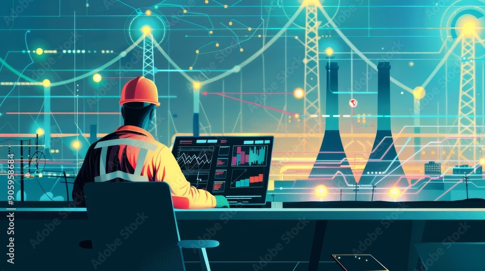 Poster a power plant engineer sits at his station monitoring a digital grid system with data visualizations