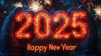 Festive 2025 Happy New Year celebration with illuminated numbers and sparklers, perfect for holiday greetings and promotions.