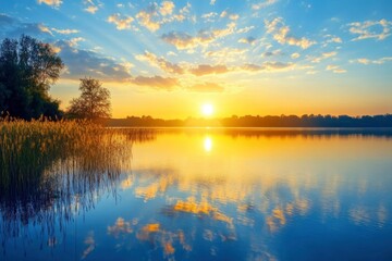 Obraz premium sunset at coast of the lake. Nature landscape. Nature in northern Europe. reflection, blue sky and yellow sunlight. landscape during sunset, ai