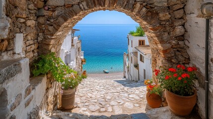 Obraz premium Scenic archway view of a coastal village with vibrant flowers, white buildings, and clear blue sea on a sunny day.