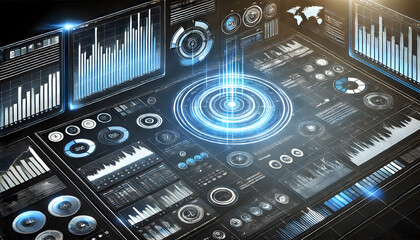Obraz premium A futuristic technology background featuring a holographic interface with various data elements and charts